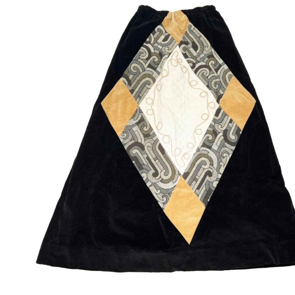 1970s Authentic Chessa Davis Black Velvet & Quilted Boho A-Line Maxi Skirt